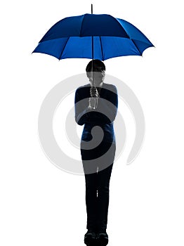 Anxious woman holding umbrella silhouette