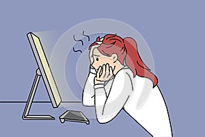 Anxious woman work on computer have gadget problems