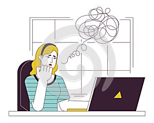 Anxious woman working at office flat line concept vector spot illustration