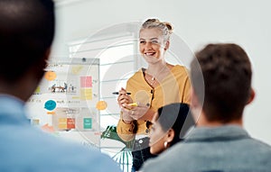 Any questions. an attractive young businesswoman standing and giving a presentation to her colleagues in the office.