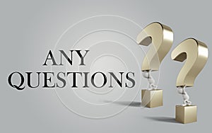 Any questions text and 3d question mark icon background. 3d Illustration of question marks isolated