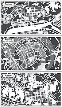 Anyang, Ansan and Andong South Korea City Maps Set in Retro Style