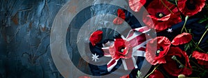 Anzac Day background with grunge painted Australia flag and poppy flowers. Remembrance symbol. Lest we forget