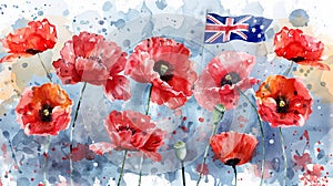 Anzac Day background with grunge watercolor Australia flag and poppy flowers. Remembrance symbol. Lest we forget