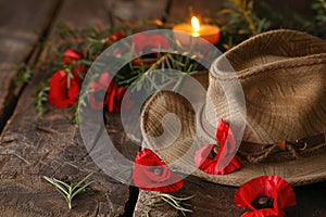 ANZAC Day elements including red poppies, slouch hat, and a candle against a rustic wooden background. photo