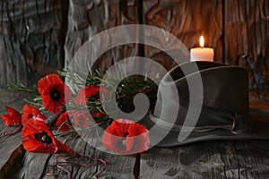 ANZAC Day elements including red poppies, slouch hat, and a candle against a rustic wooden background. photo