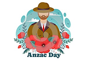 Anzac Day of Lest We Forget Vector Illustration on 25 April with Remembrance Soldier Paying Respect and Red Poppy Flower