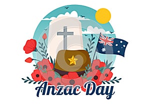 Anzac Day of Lest We Forget Vector Illustration on 25 April with Remembrance Soldier Paying Respect and Red Poppy Flower