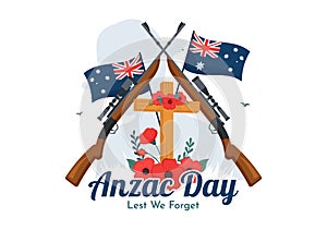 Anzac Day of Lest We Forget Vector Illustration on 25 April with Remembrance Soldier Paying Respect and Red Poppy Flower