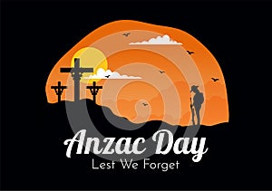 Anzac Day of Lest We Forget Vector Illustration on 25 April with Remembrance Soldier Paying Respect and Red Poppy Flower