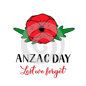 Anzac day lettering isolated on white. Hand drawn red poppy flower symbol of Remembrance day. Lest we forget. Vector template for