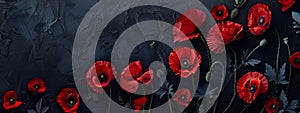Anzac Day, poppy flowers on dark background. Remembrance day symbol