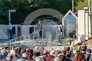 Anzac Day 2018, Tauranga NZ. A speaker from the navy at Memorial Park.