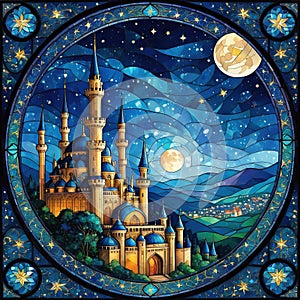 Aof ornate illustrations in the style of stained glass with night landscape with stars and photo