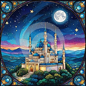 Aof ornate illustrations in the style of stained glass with night landscape with stars and photo