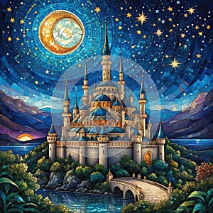 Aof ornate illustrations in the style of stained glass with night landscape with stars and photo