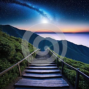 aof stairs leading up to a sky filled with stars and a bright light at the top of the stairs is a stairway leading up to a dark