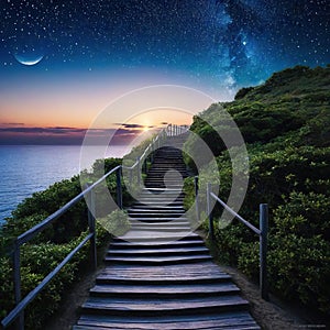 aof stairs leading up to a sky filled with stars and a bright light at the top of the stairs is a stairway leading up to a dark