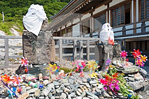 Osorezan Bodaiji Temple in Mutsu, Aomori, Japan. founded in 862 AD by the famed monk Ennin, a famous photo