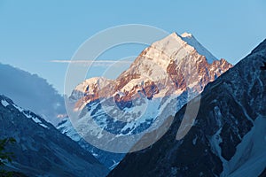 Aoraki Mount Cook Peak closeup at sunset, New Zealand