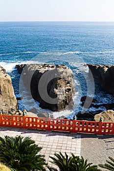 Aoshima Shrine and coastline with blue sky