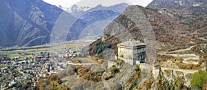 Aosta Valley and its famous medieval castles - Verres fortress. aerial drone view.