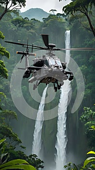 Apache helicopter flying between the green trees in the jungle