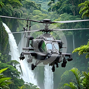 Apache helicopter flying between the green trees in the jungle