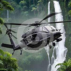 Apache helicopter flying between the green trees in the jungle