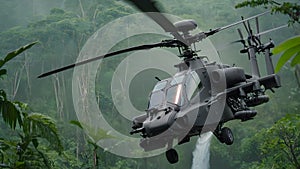 Apache helicopter flying between the green trees in the jungle