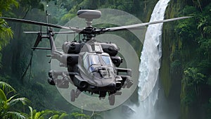 Apache helicopter flying between the green trees in the jungle