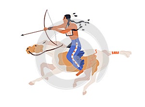 Apache warrior, horse rider on horseback. Armored Native American archer attacking with bow and arrow. Historical tribal