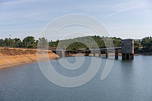 Apartadura dam nature landscape with reflection on the still water in Sao Mamede, Alentejo, Portugal