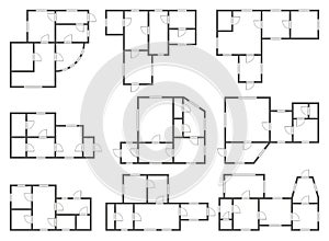 Apartment architectural plans set. Different black and white isolated blueprint studio, condominium, flat, house. Floor