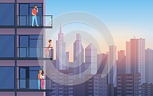 Apartment Balcony in modern house with resting people in sunset. Urban sityscape skyscrapers background cartoon vector