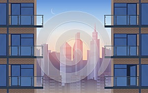 Apartment Balcony in modern house in sunset. Urban sityscape skyscrapers cityscape between civil houses cartoon