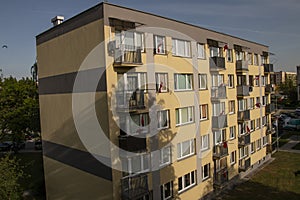 Apartment block decorated with flags on Flag Day photo