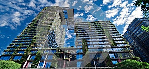 Apartment block in Sydney NSW Australia with hanging gardens and plants on exterior of the building