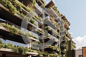 Apartment block in Sydney NSW Australia with hanging gardens and plants on exterior of the building. Generative AI