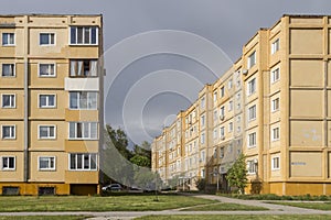 Apartment building based on a post-soviet architecture style in a Slavutych city, purposely built for the evacuated personnel of