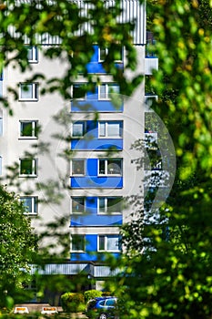 Apartment building among the branches in the summer