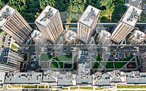 Apartment building complex. courtyard with parked cars. aerial drone photo looking down