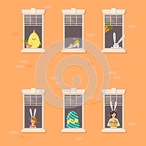 Apartment building facade with neighbor easter character in open windows