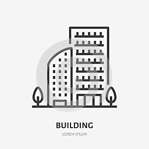 Apartment building flat line icon. Vector thin sign of multi-storey house, condo or office rent logo. Real estate