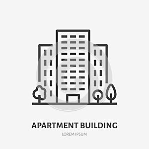 Apartment building flat line icon. Vector thin sign of multi-storey house, condo rent logo. Real estate illustration