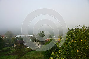 The apartment building is in front of a thick layer of fog. Living in a mountainous area in the Carpathians, Ukraine