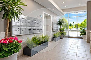 Modern apartment building lobby with mailboxes concept