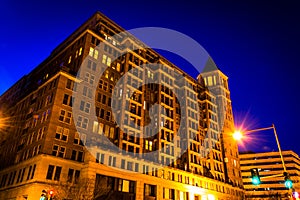 Apartment building at night in Washington, DC.