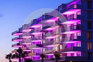 an apartment building with purple lights on the balconies