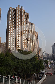 Apartment buildings against a blue sky in Chongquin, China